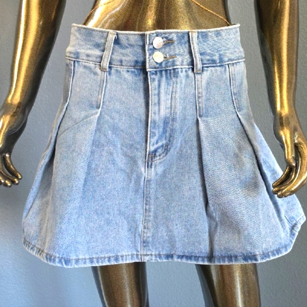 Denim Pleated Mini Skirt